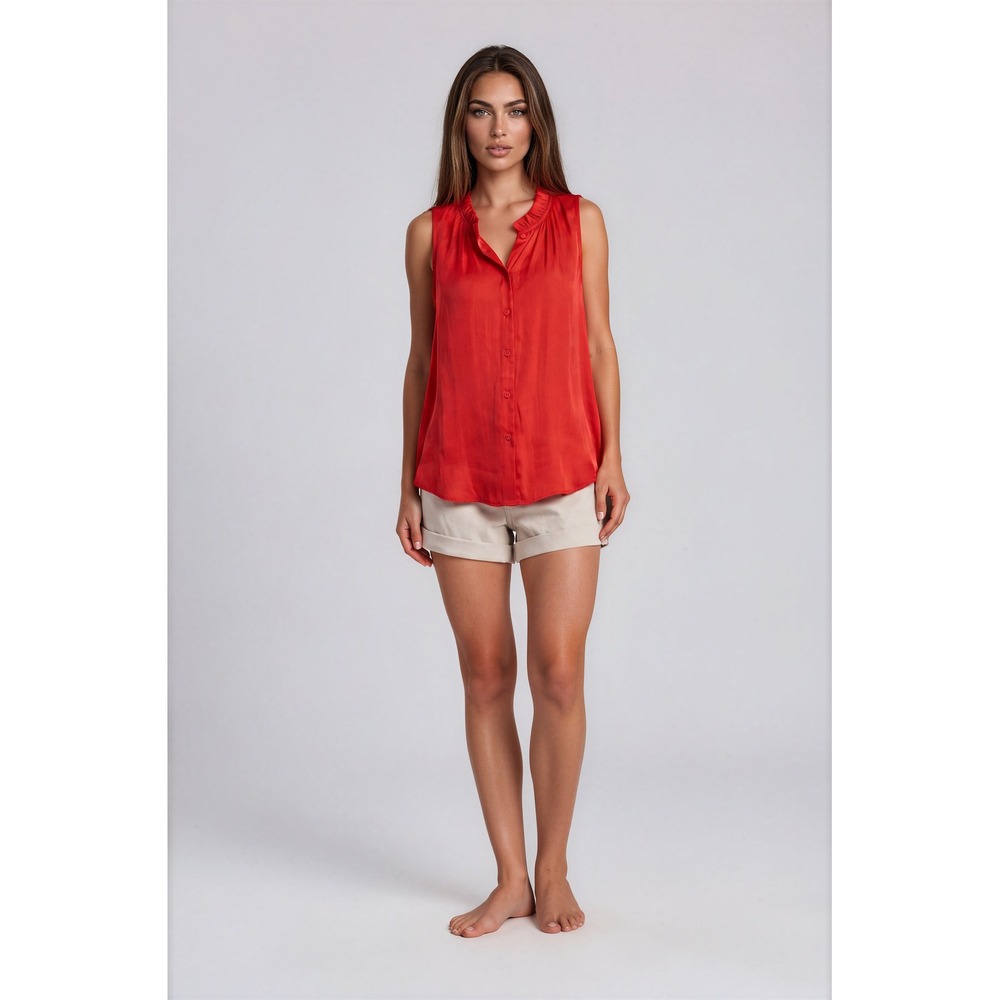 Banana Republic XS Red Sleeveless Button Front Blouse Ruffle Neck Hi Low Hem